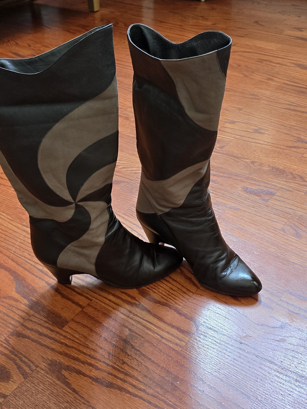 Title: VTG Luciano Padovan Italian Leather Patchwork Swirl Boots Brown And Grey
